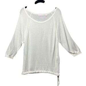 JW Style White Pointelle Knit Blouse Drawstring Hem 3/4 Sleeve Size L